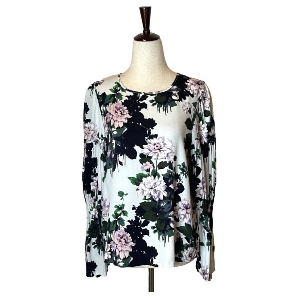 Club Monaco White Floral Print Puff Bell Sleeve Crew Neck Blouse Size S